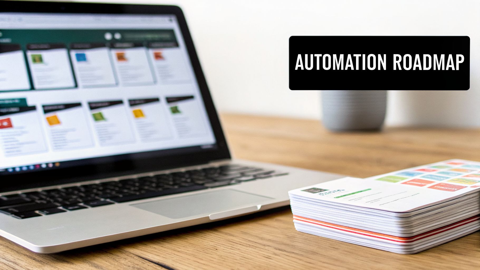 A laptop screen displaying a grid of colored cards next to a stack of physical cards, with 'AUTOMATION ROADMAP' text.