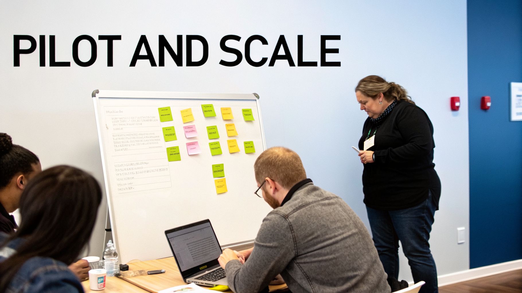 People collaborating in a business workshop with a whiteboard full of sticky notes and a laptop user.