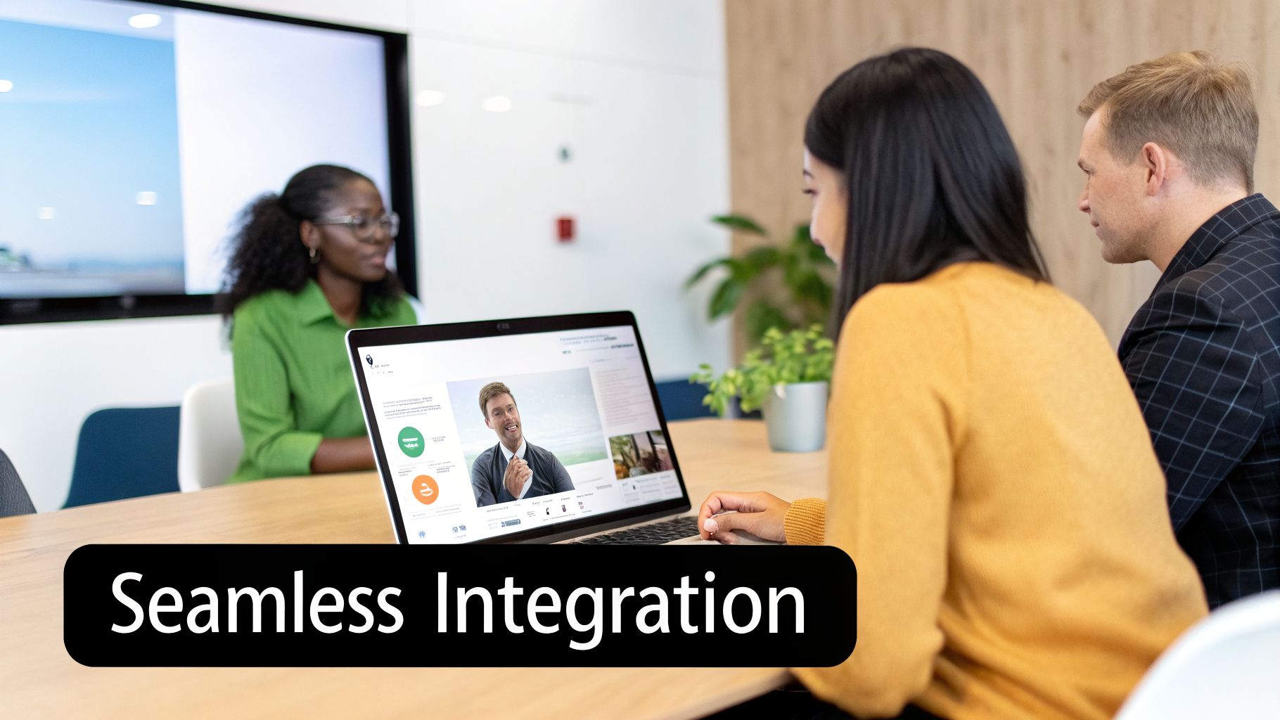 Diverse professionals in a modern meeting room viewing a video call on a laptop, showing 'Seamless Integration'.