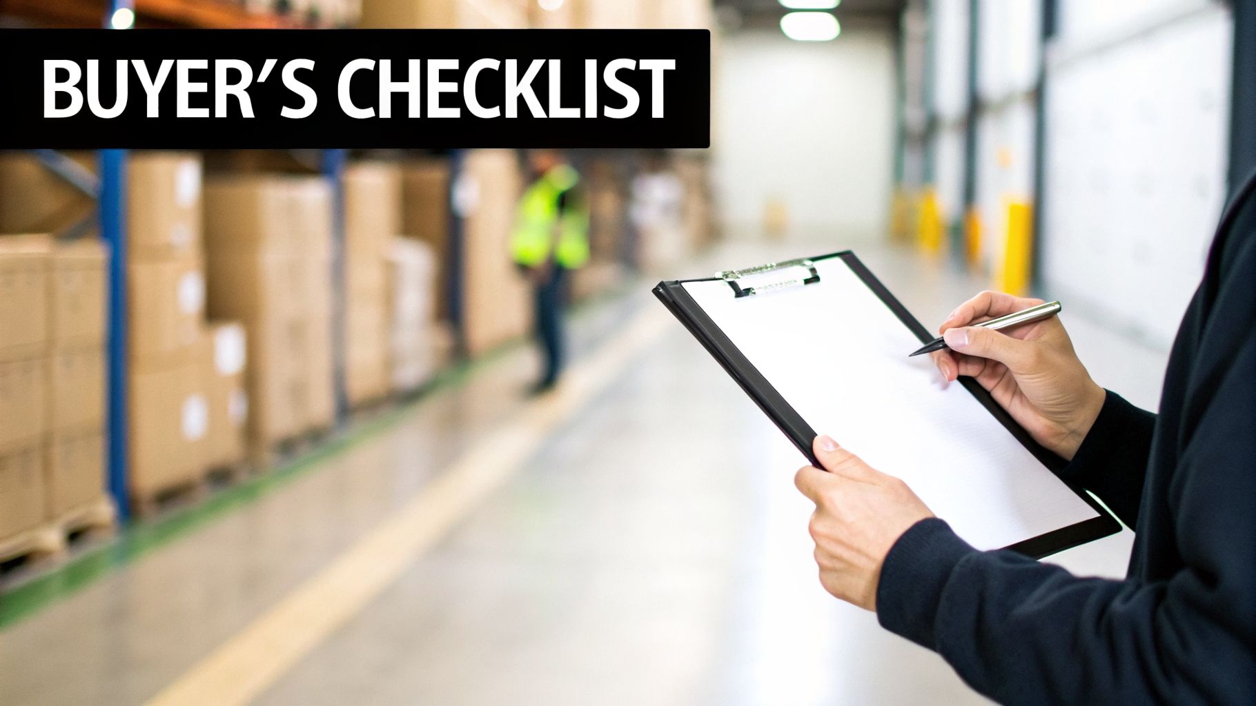 A person in a warehouse holding a clipboard and pen, working on a 'Buyer's Checklist' amidst rows of boxes.