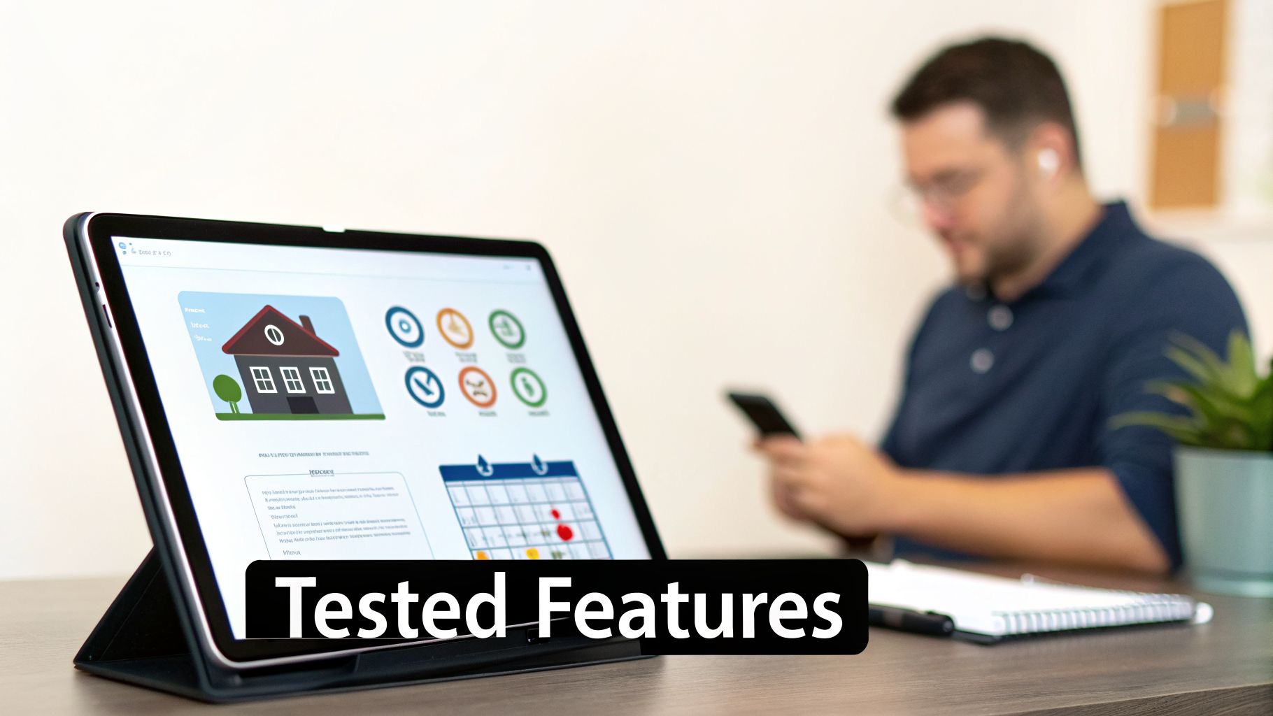 A person testing home automation software on a tablet, with 'Tested Features' text overlay.
