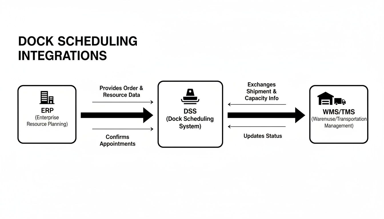 Diagram illustrating dock scheduling system integrations with ERP, DSS, and WMS/TMS for efficient logistics.