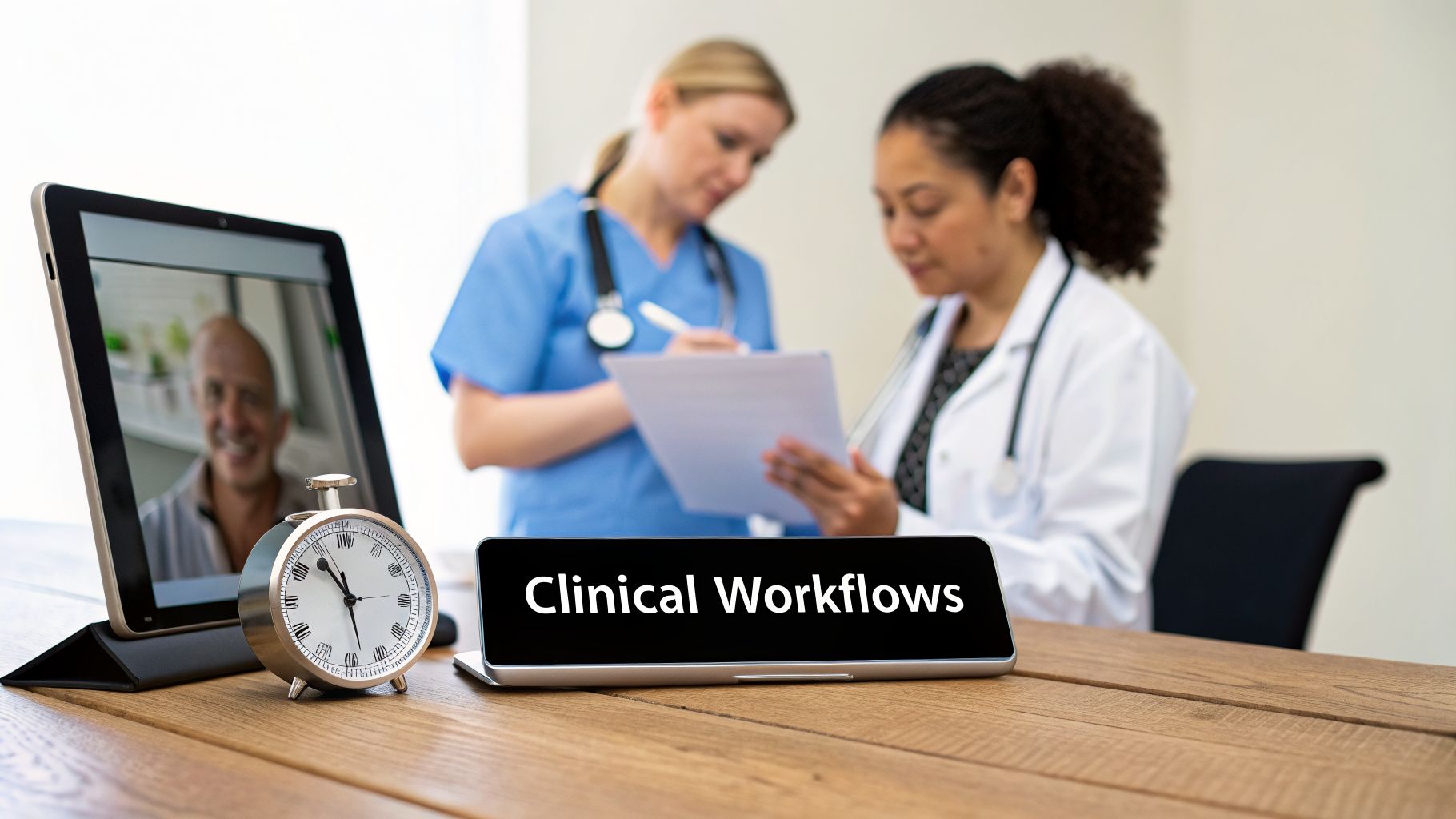 Two medical professionals review documents behind a desk with a tablet displaying a video call and “Clinical Workflows”.
