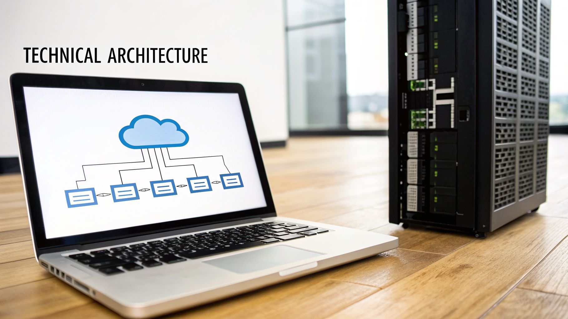 Laptop displaying cloud technical architecture diagram next to a server tower on a wooden floor.