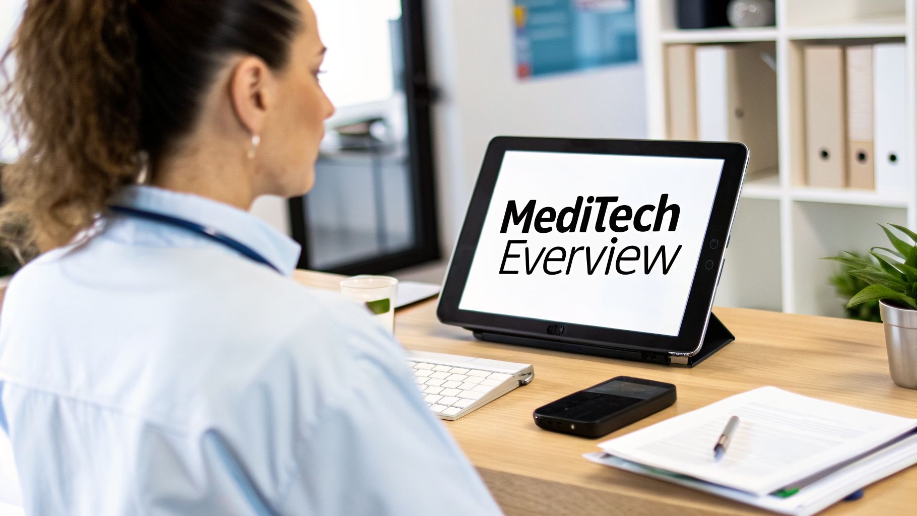 Healthcare worker views "MediTech Everview" charting system on a tablet at a desk.