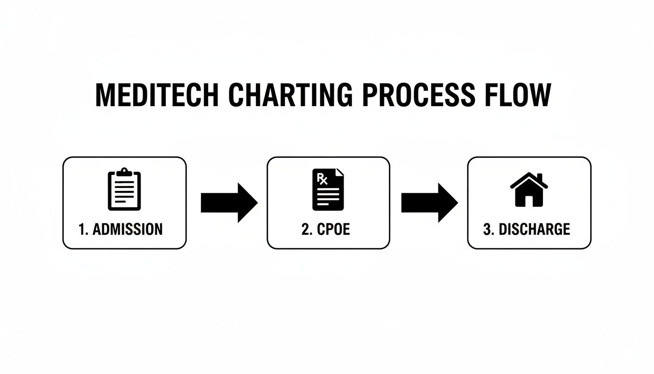 Flowchart illustrating the Meditech charting process, including steps for admission, CPOE, and discharge.