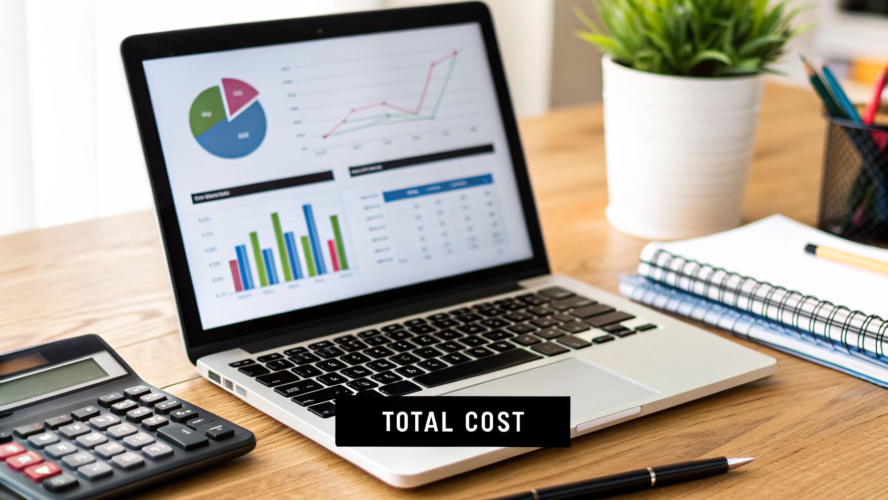 Laptop screen showing business charts and graphs with a calculator and 'TOTAL COST' text on a wooden desk.