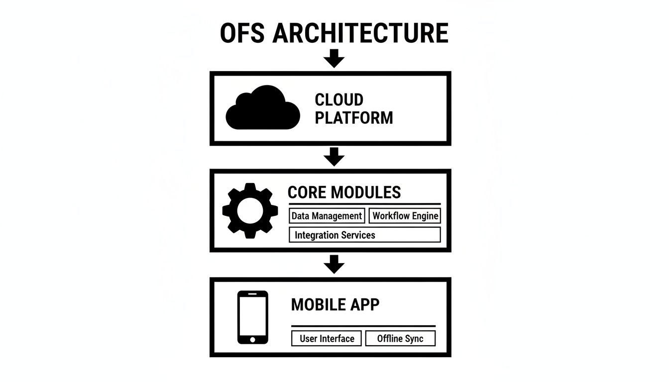 OFS architecture diagram showing Cloud Platform, Core Modules (Data Management, Workflow Engine, Integration Services), and Mobile App.