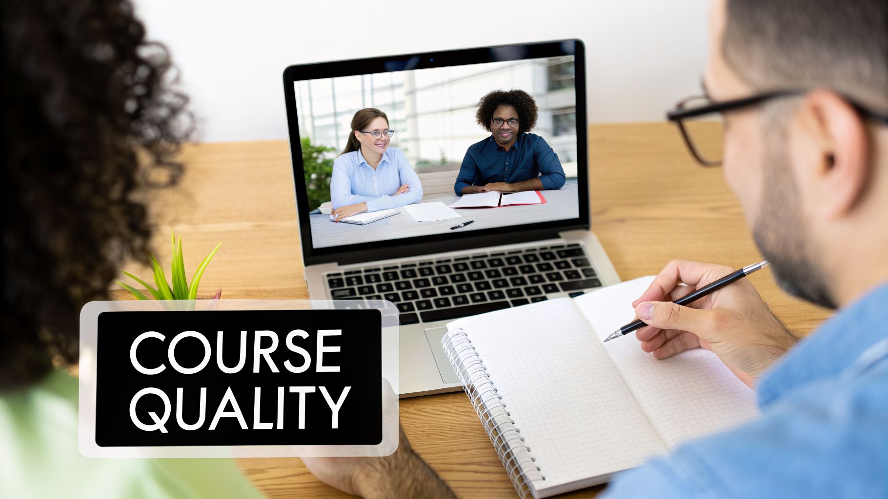 Person watching a laptop with a video call, writing notes, and text 'COURSE QUALITY'.