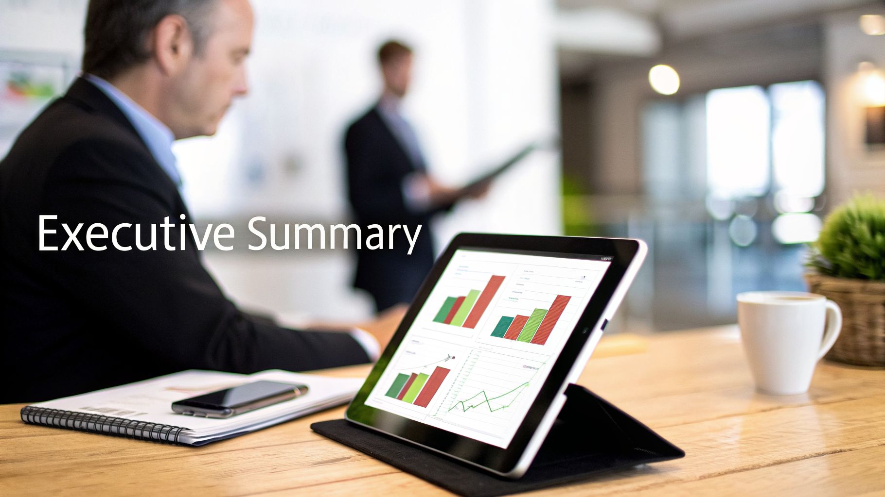 An executive reviews financial data on a tablet displaying charts, with 'Executive Summary' text overlay.