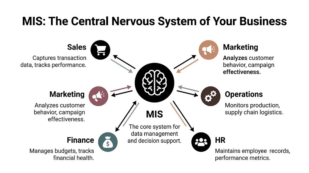 A diagram illustrating how an MIS centralizes data management across various business departments like sales and finance.