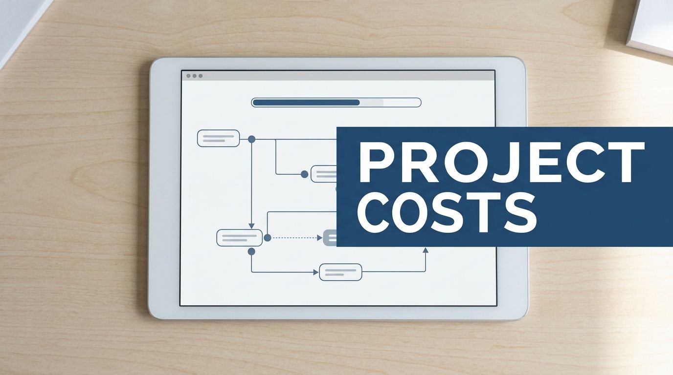 A digital tablet displaying a project workflow chart on a wooden office desk surface