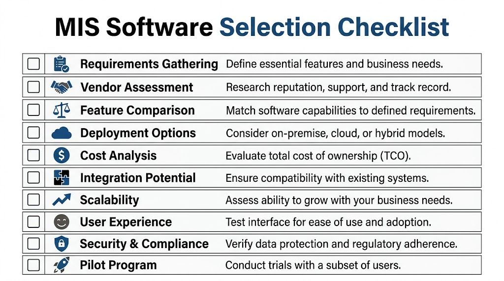 A structured checklist for selecting management information system software, listing ten essential evaluation steps for business leaders.